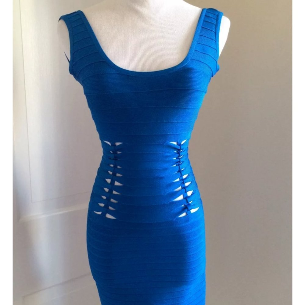 NWT Herve Leger Body Con Bandage Dress "Gloria" Blue XS Sexy Cutouts